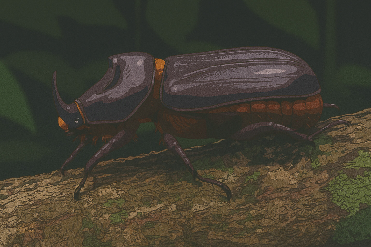 Rhino Beetle on Mossy Branch